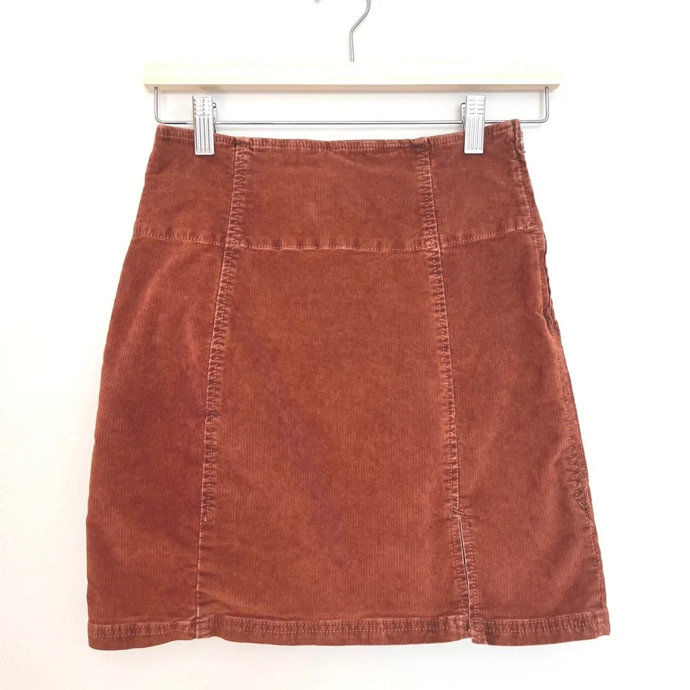 Free People Corduroy Mini Skirt Rust Burnt Orange High‎ Waisted Size 4 Boho Slit
